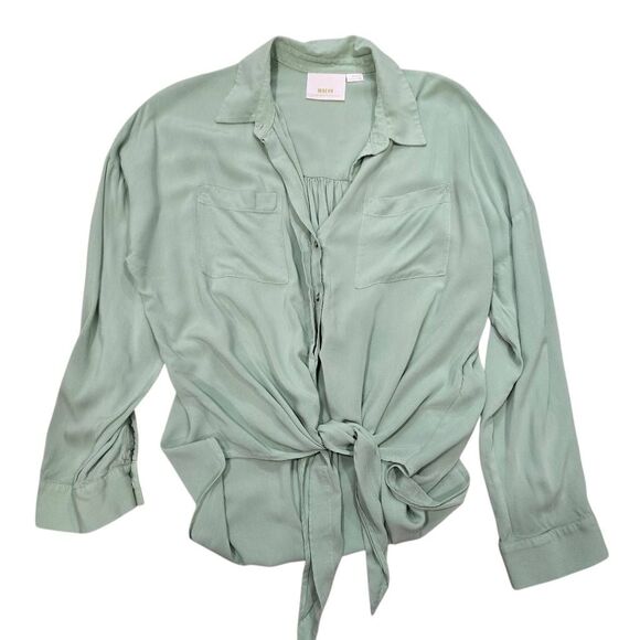 Maeve by Anthropologie Tie Front Shirt Women's Medium Green Button Down Blouse - Picture 2 of 8